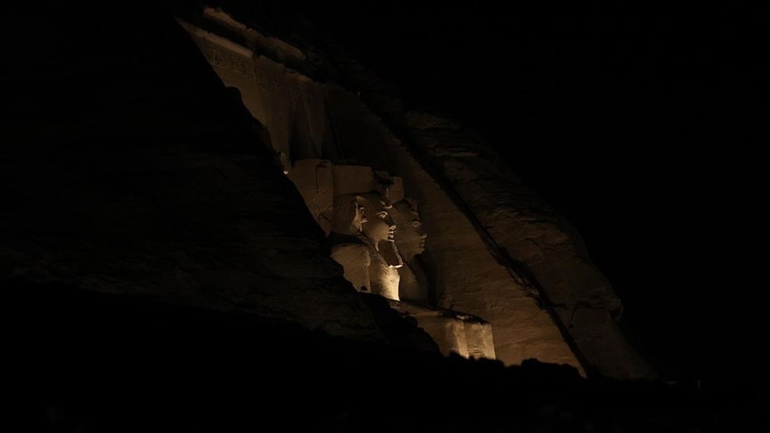 Sunlight illuminated the statue of Pharaoh Ramses II at the Abu Simbel Temple